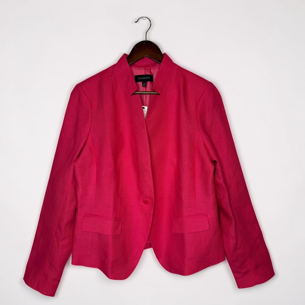 Talbots Womens 100% Linen One Button Blazer Jacket Notch Stand Collar Pink sz 10